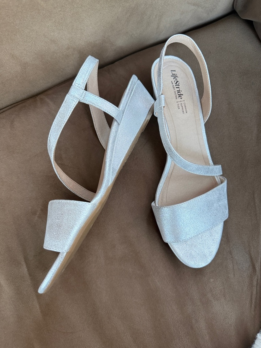 Life Stride Silver Slingback Wedge Sandals - Shimmery Silver